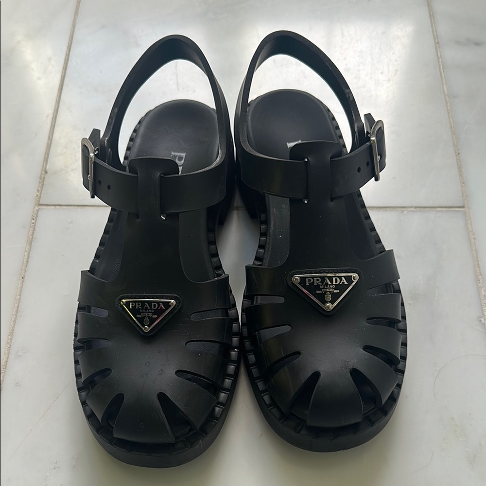 Prada Rubber Black Sandals with Slingback and Metal Logo